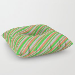 [ Thumbnail: Coral, Lime Green, and Grey Colored Striped Pattern Floor Pillow ]