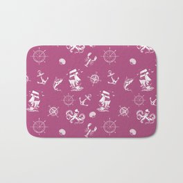 Magenta And White Silhouettes Of Vintage Nautical Pattern Bath Mat