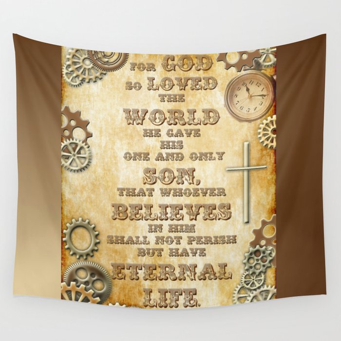 Steampunk Bible Verse For God So Loved the World Wall Tapestry