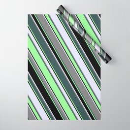 [ Thumbnail: Eye-catching Lavender, Grey, Dark Slate Gray, Green & Black Colored Pattern of Stripes Wrapping Paper ]