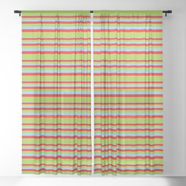 [ Thumbnail: Light Sky Blue, Red & Green Colored Lines/Stripes Pattern Sheer Curtain ]