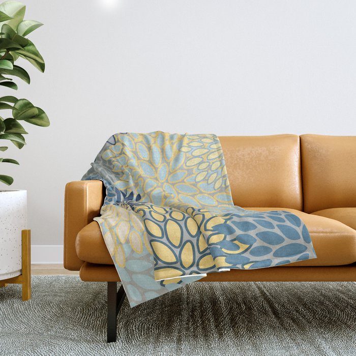 Modern, Abstract, Flower Garden, Blue, Yellow, Gray Throw Blanket