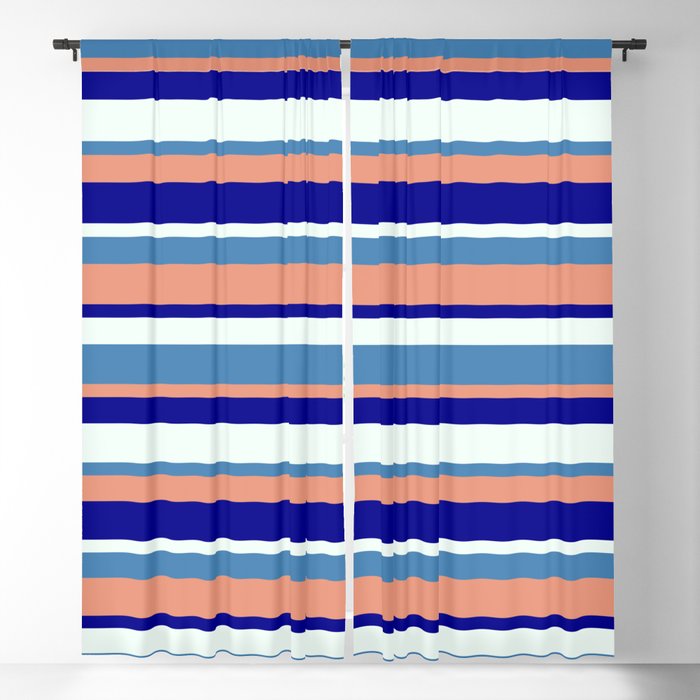 Blue, Dark Salmon, Dark Blue & Mint Cream Colored Stripes Pattern Blackout Curtain