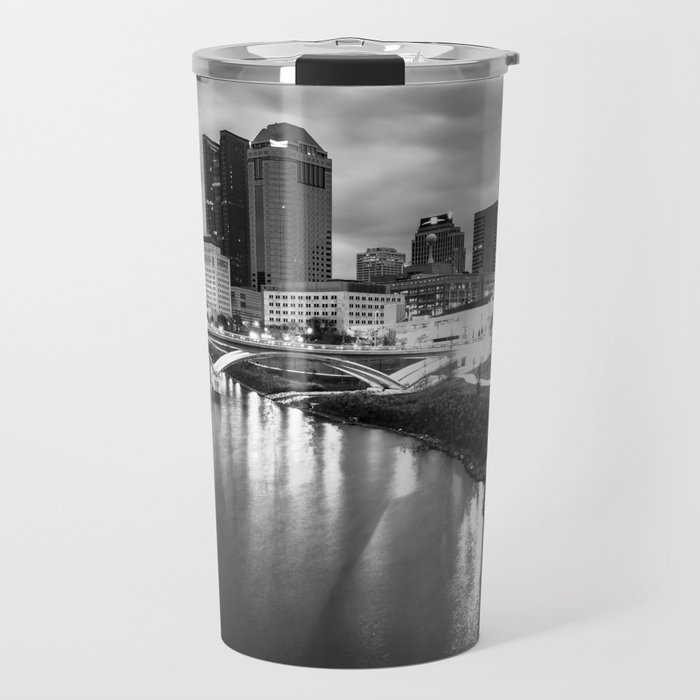 Columbus City Lights Over The Scioto - Black and White Travel Mug