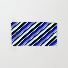 [ Thumbnail: Blue, Light Slate Gray, Light Cyan, and Black Colored Lined/Striped Pattern Hand & Bath Towel ]