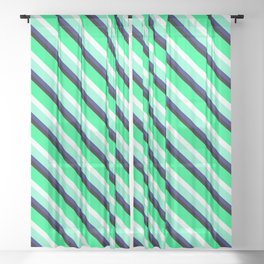 [ Thumbnail: Eyecatching Green, White, Aquamarine, Midnight Blue & Black Colored Stripes Pattern Sheer Curtain ]