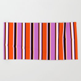 [ Thumbnail: Red, Black, Orchid, and White Colored Stripes Pattern Beach Towel ]