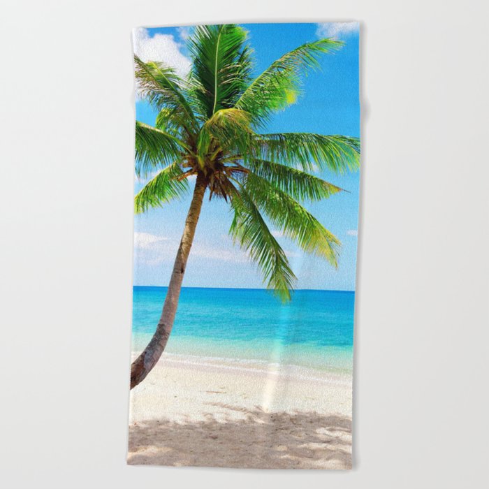 palm tree by the beach Beach Towel