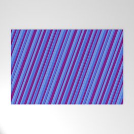 [ Thumbnail: Cornflower Blue, Royal Blue & Purple Colored Pattern of Stripes Welcome Mat ]