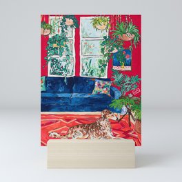 Red Interior with Borzoi Dog and House Plants Painting Mini Art Print