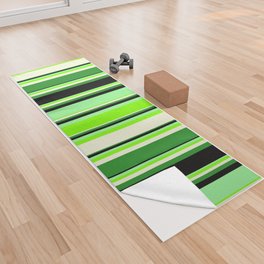 [ Thumbnail: Eyecatching Green, Chartreuse, Beige, Forest Green & Black Colored Stripes/Lines Pattern Yoga Towel ]