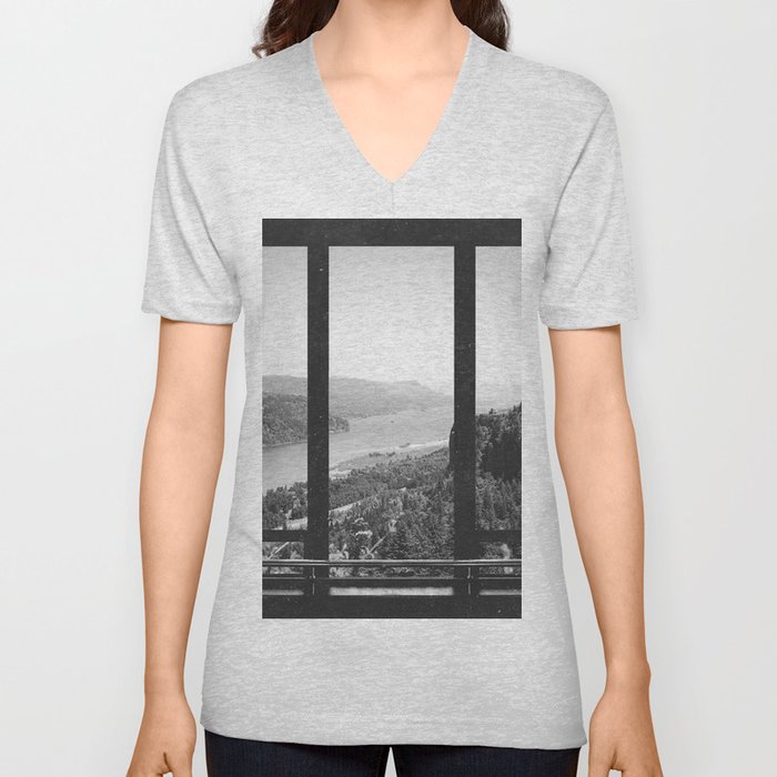 Window to Oregon and the Columbia River Gorge | Black and White Photography V Neck T Shirt