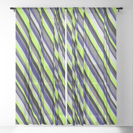 [ Thumbnail: Colorful Midnight Blue, Light Gray, Light Green, Black, and Dim Grey Colored Stripes/Lines Pattern Sheer Curtain ]
