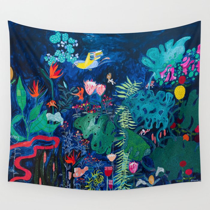 Brightly Rainbow Tropical Jungle Mural with Birds and Tiny Big Cats Wall Tapestry