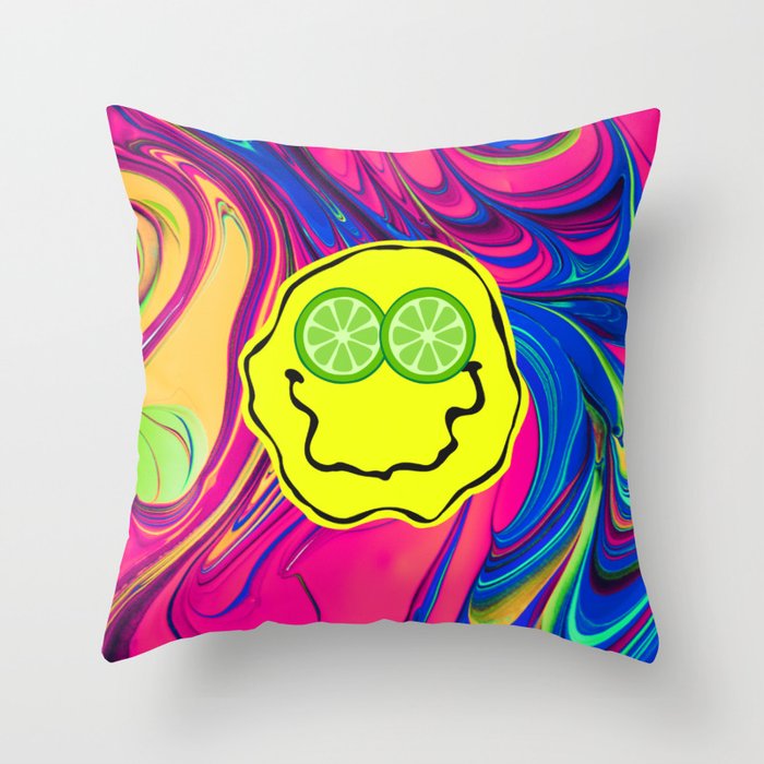 Psychedelic Lime Eyes Smiley Throw Pillow