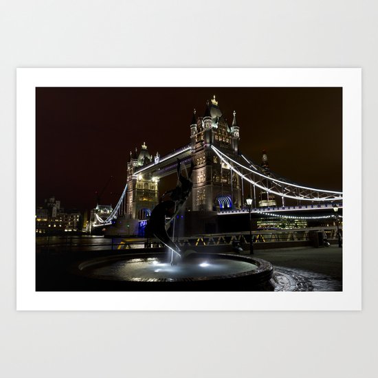 Girl and dolphin and Tower Bridge Art Print
