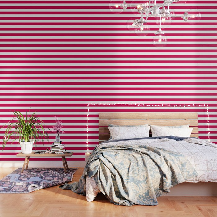 Spanish carmine - solid color - white stripes pattern Wallpaper