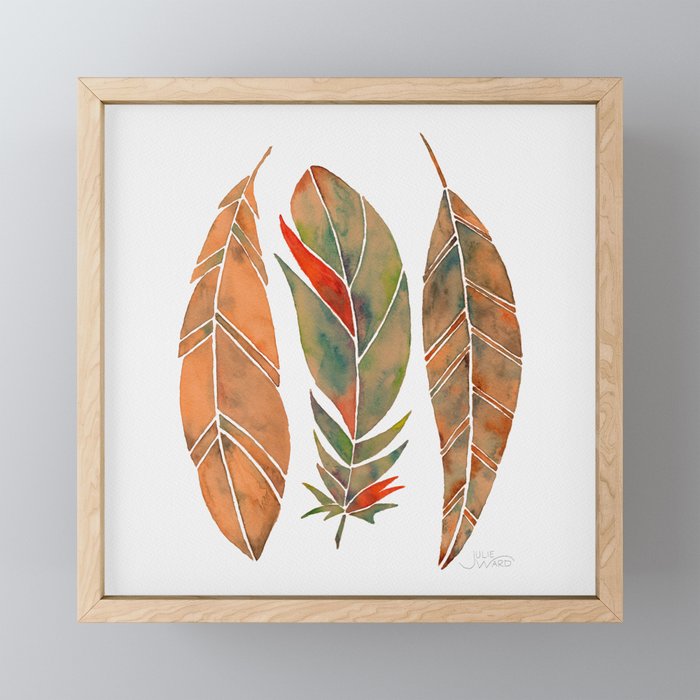Watercolor Feathers - Olive Rust & Gold Framed Mini Art Print