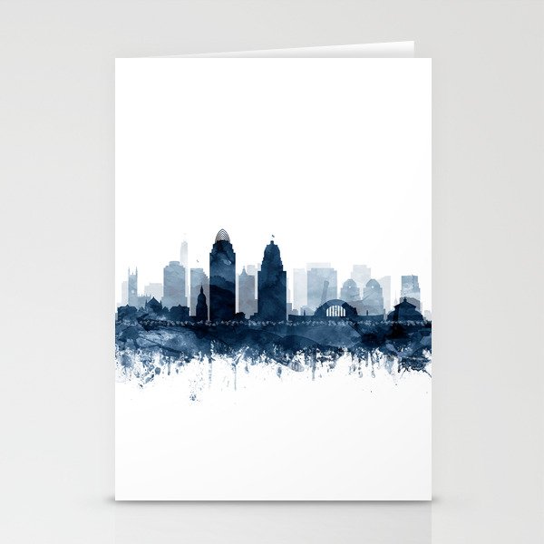 Cincinnati Skyline Blue Watercolor by Zouzounio Art Stationery Cards