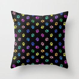 Cute colorful paws for cats and dog lovers on black Throw Pillow
