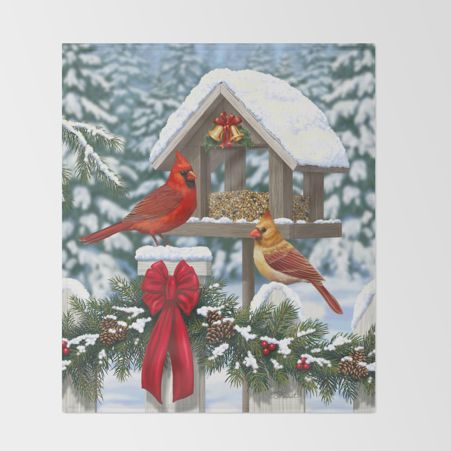 Red Cardinals and Christmas Bird Feeder Throw Blanket by csforest  Society6