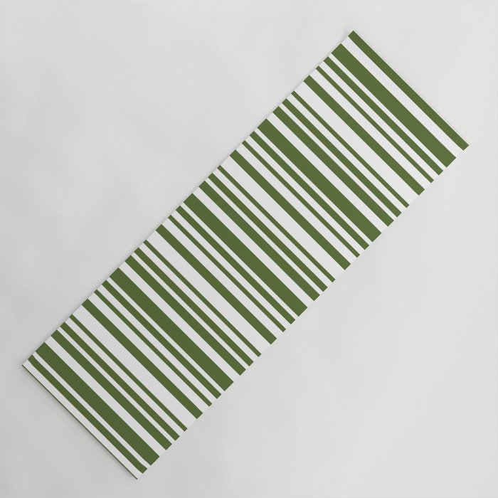 Dark Olive Green & White Colored Stripes Pattern Yoga Mat