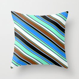 [ Thumbnail: Colorful Brown, Blue, Mint Cream, Black & Aquamarine Colored Striped Pattern Throw Pillow ]