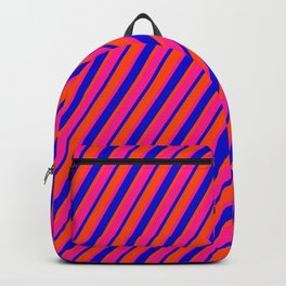 [ Thumbnail: Red, Deep Pink & Blue Colored Pattern of Stripes Backpack ]