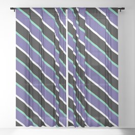 [ Thumbnail: Aquamarine, Dark Slate Blue, White, and Black Colored Striped/Lined Pattern Sheer Curtain ]