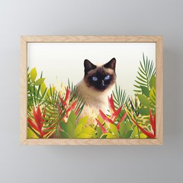 Siam Cat in garden with Heliconia Flowers Framed Mini Art Print | Heliconia, Garden, Green, Flower, Siamcat, Jungle, Cats, Siamesecat, Leaf, Graphicdesign 