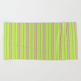 [ Thumbnail: Light Green & Violet Colored Pattern of Stripes Beach Towel ]