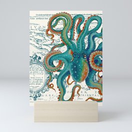 Teal Octopus Vintage Map Watercolor Mini Art Print