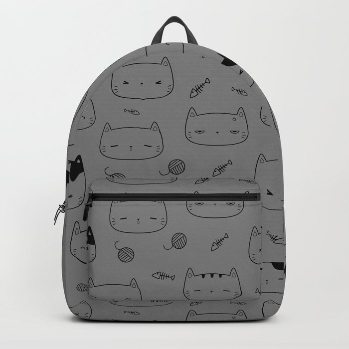 Grey and Black Doodle Kitten Faces Pattern Backpack