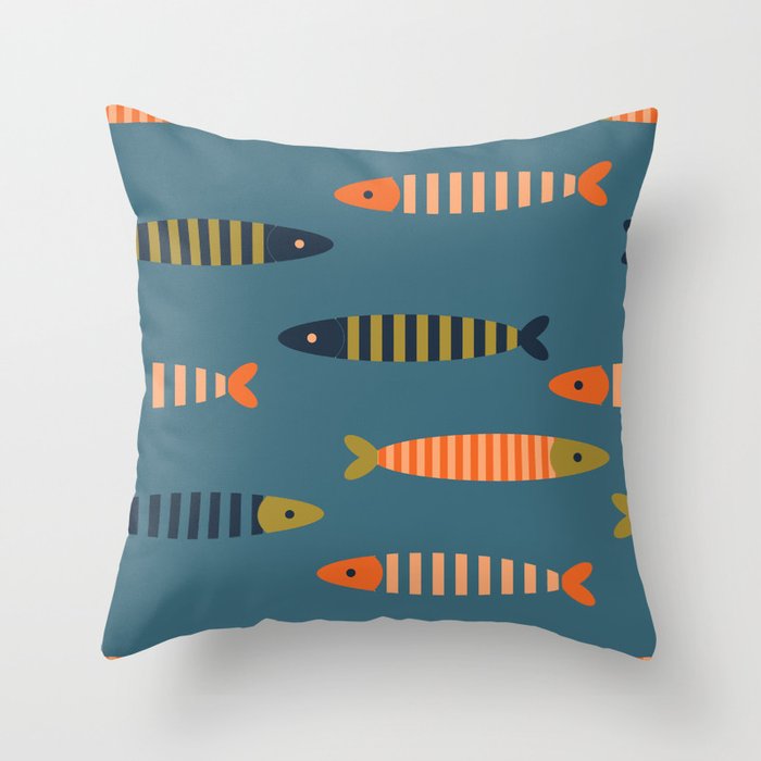 Striped fish - blue Throw Pillow