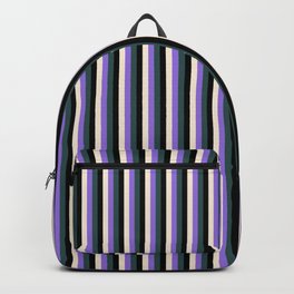 [ Thumbnail: Purple, Dark Slate Gray, Black & Beige Colored Lined/Striped Pattern Backpack ]
