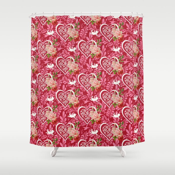 Little Cupid and Big Heart Rose Collection Shower Curtain