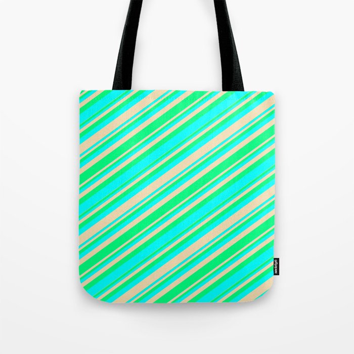 Green, Aqua, and Tan Colored Stripes/Lines Pattern Tote Bag