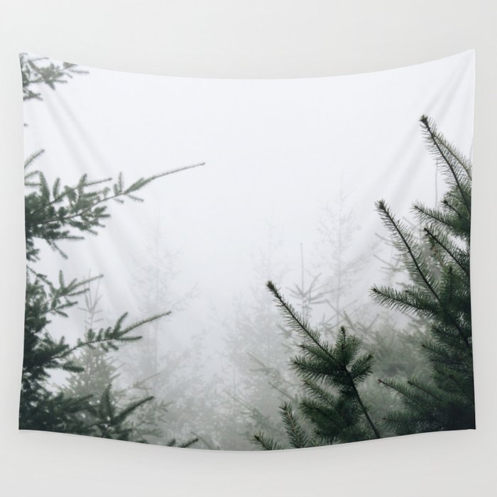 Misty Pine Trees Wall Tapestry