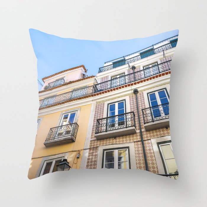 Colorful azulejos on buildings in Bairro Alto Lisbon Portugal - summer travel photography Throw Pillow
