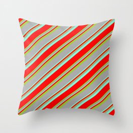 [ Thumbnail: Dark Gray, Aquamarine, Red & Green Colored Lines Pattern Throw Pillow ]