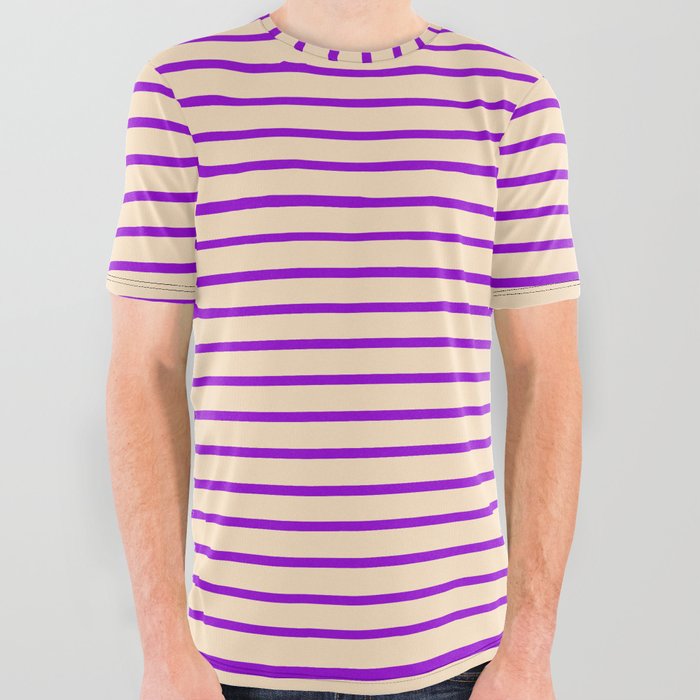 Dark Violet & Bisque Colored Stripes/Lines Pattern All Over Graphic Tee