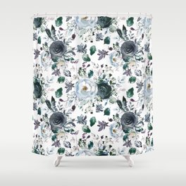 Botanical navy blue gray green watercolor peonies motif Shower Curtain