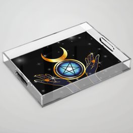 Triple Goddess symbol and hands holding an inverted pentacle Acrylic Tray