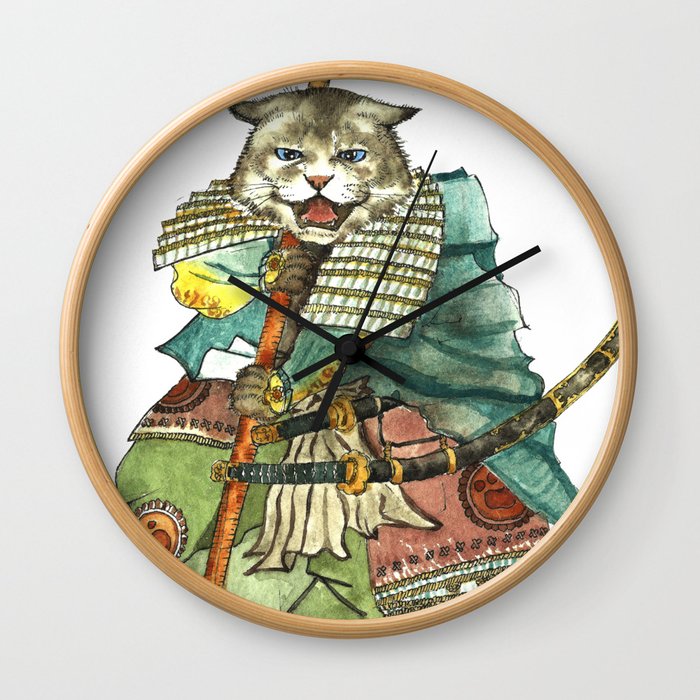 Samurai Cat with a Spear and 2 Swords Wall Clock
