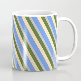 [ Thumbnail: Dark Olive Green, Beige, Cornflower Blue & Grey Colored Lines Pattern Coffee Mug ]