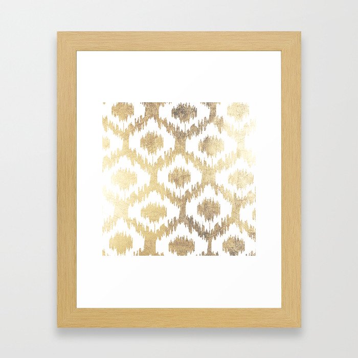 Modern white hand drawn ikat pattern faux gold Framed Art Print