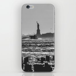 The Statue of Liberty at sunset in New York City black and white iPhone Skin