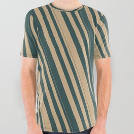 [ Thumbnail: Tan & Dark Slate Gray Colored Stripes/Lines Pattern All Over Graphic Tee ]