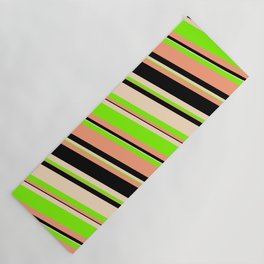 [ Thumbnail: Light Salmon, Black, Bisque & Chartreuse Colored Striped/Lined Pattern Yoga Mat ]