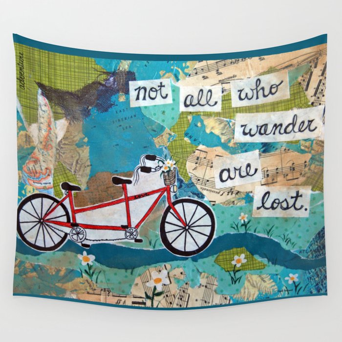 Not all who Wander are Lost Red Tandem Bicycle Wall Tapestry